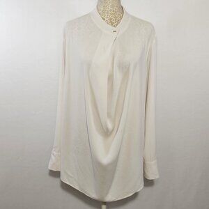 MM Lafleur Women's Size Medium Ivory Clasp Neck Long Sleeve Drapey Front Blouse